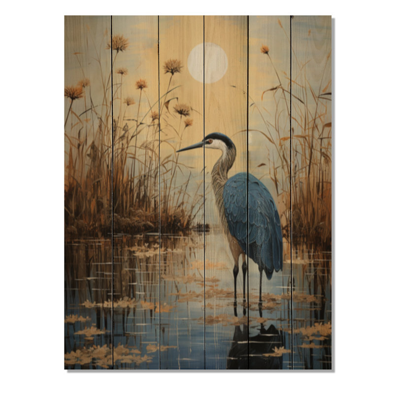 Heron Morning Stroll Pointillism III sur impression sur bois, H 20 po x l 10 po x P 0,78 po