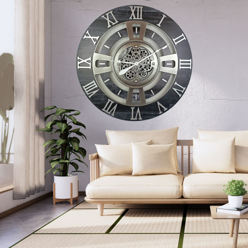 Oversized Vintage Black Wall Clock with Real Moving Gears