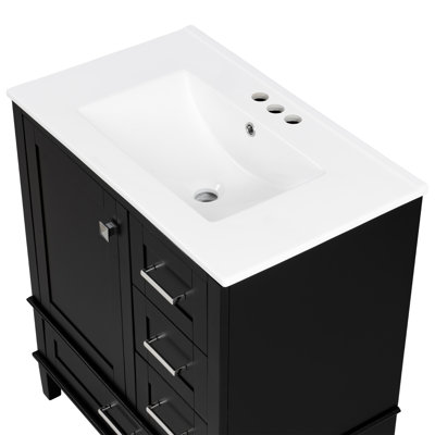 Ensemble de meuble-lavabo moderne 30 po avec meuble-lavabo 30 po, ensemble de rangement pour salle de bain avec 1 porte à fermeture douce et 3 tiroirs à fermeture douce, cadre en bois massif (noir)