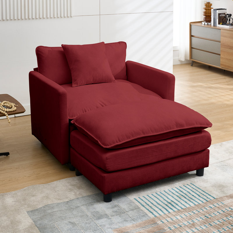 Modular Sectional Sofa Couch,Deep Seat Sofa With Movable Ottoman For Living Room,Chenille Couch With Pillows, Red