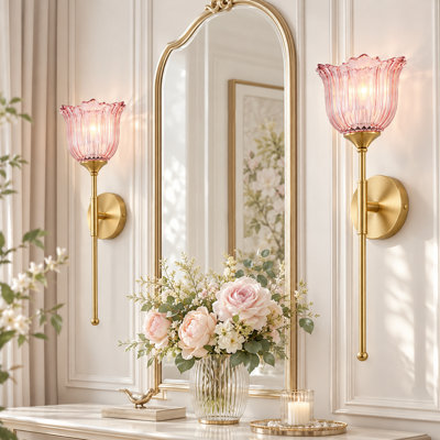 Vintage LED Wall Sconce With Remote -rechargeable Wireless Gold Wallchiere With Tulip Glass Lampshade, 12 RGB Colors & Dimmable Function (Bulbs Included) for Bedroom, Living Room & Hallway.