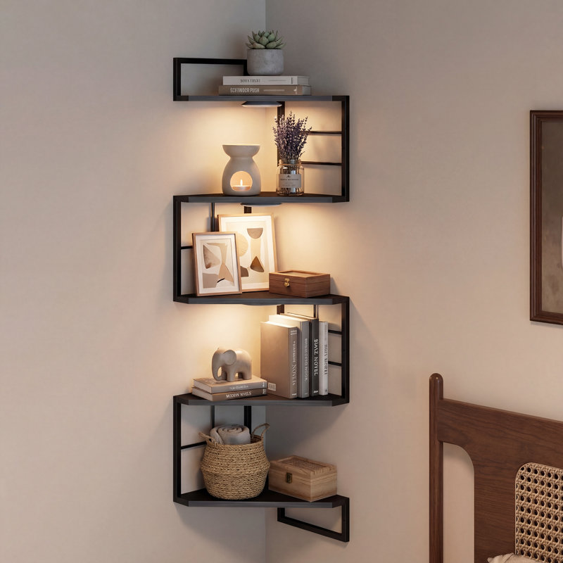 Tablettes d'angle flottantes avec lumière - étagère d'angle en métal à 5 niveaux fixée au mur pour le salon, la cuisine et le bureau, tablettes murales d'angle faciles à assembler, brun