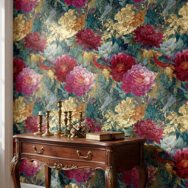 Papier peint floral, décoration murale rétro dorée