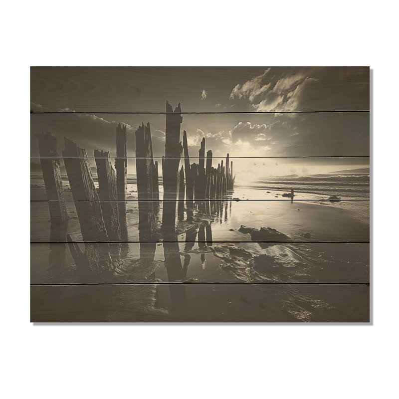Black And White Beach Scenery - Coastal Beach Wood Wall Art On Natural Pine Wood, 30" H x 40" W