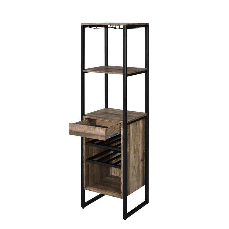 Support à vin carré en chêne vieilli pour bouteilles et 1 tiroir, 3 sections ouvertes, cadre en métal avec capuchons ajustables, capacité de 100 lb, compartiments à finition profonde de 69 po de hauteur et 16 po de largeur, 5 mm de largeur et 17 po de largeur