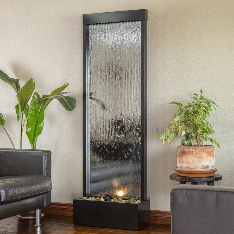 Mirror Indoor Waterfall Floor Fountain, 72" with LED Lights and Stones, Silver, Silver, 72" H x 24" W x 10" D