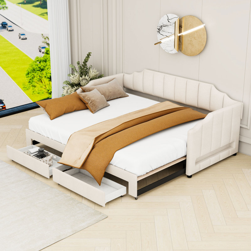 Twin XL Size Extendable Upholstered Daybed with LED Light and Storage Drawers, Beige