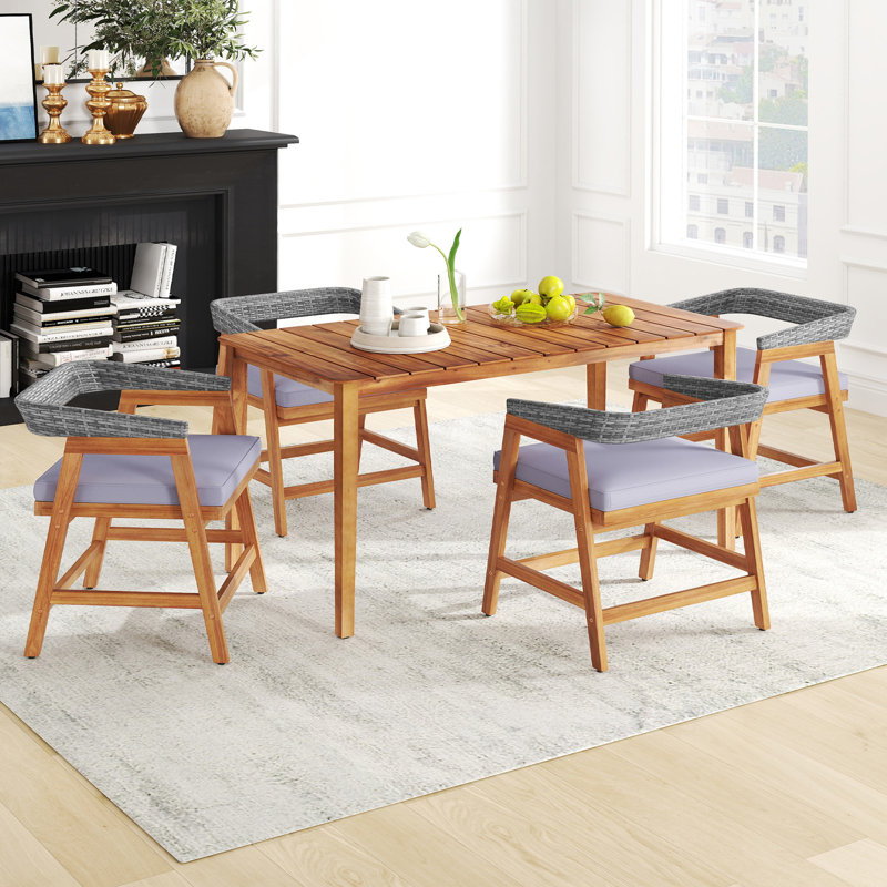  5PCS Patio Dining Set Solid Wood Furniture w/ Rattan Backrest & Seat Cushions