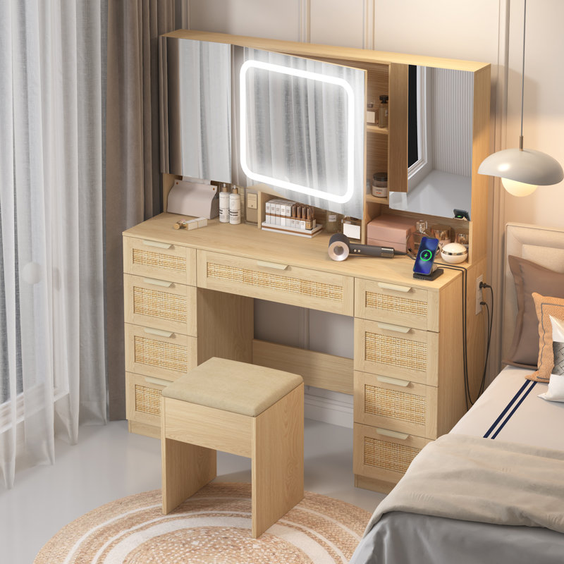 Grand ensemble de coiffeuse avec lumières, prise USB et prise de courant et 9 tiroirs