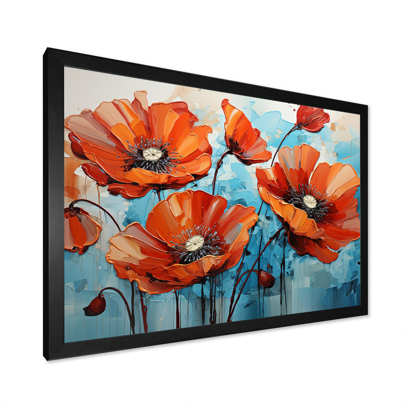 Orange et bleu «Poppy Meadow» - art mural coquelicots, Cadre d'angle fermé noir, H 24 po x l 32 po x P 1 po