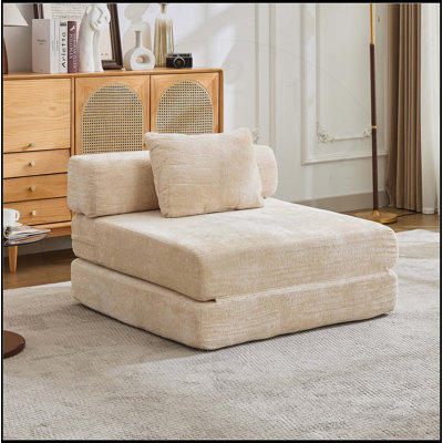 Canapé-lit convertible en tissu chenille sans assemblage, structure fixe pour salon et chambre à coucher, beige