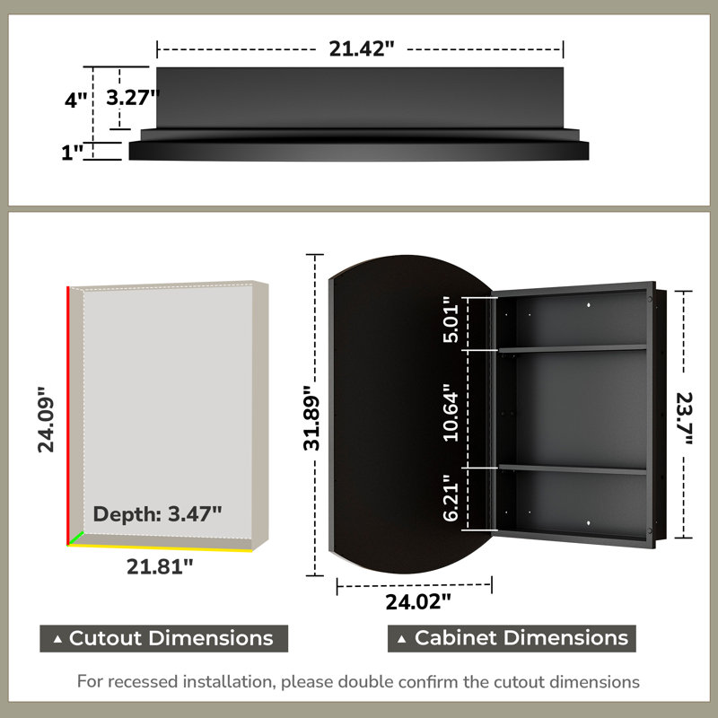 Arch Metal Framed Storage Medicine Cabinet With Beveled Mirror, 32" H x 24" W x 5" D, Black