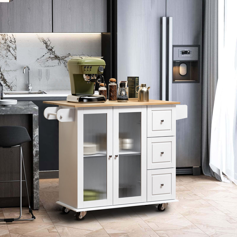 Chariot de cuisine avec plateau en bois manufacturé Amarae, Blanc