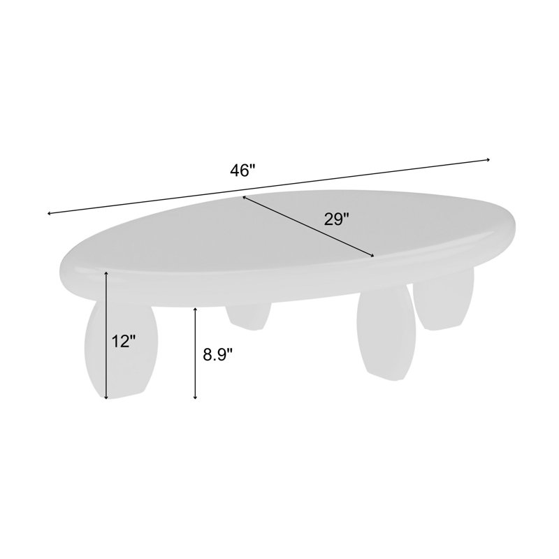 46"L Modern Cobblestone Coffee Table – High Gloss Finish, Composite Wood, Oval Design, White