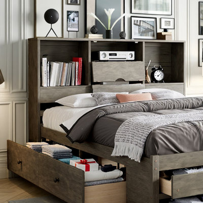 Hartland Queen Platform Bed with Storage Headboard & 8 Drawers - Solid Wood Construction, No Box Spring Needed, 400lb Capacity