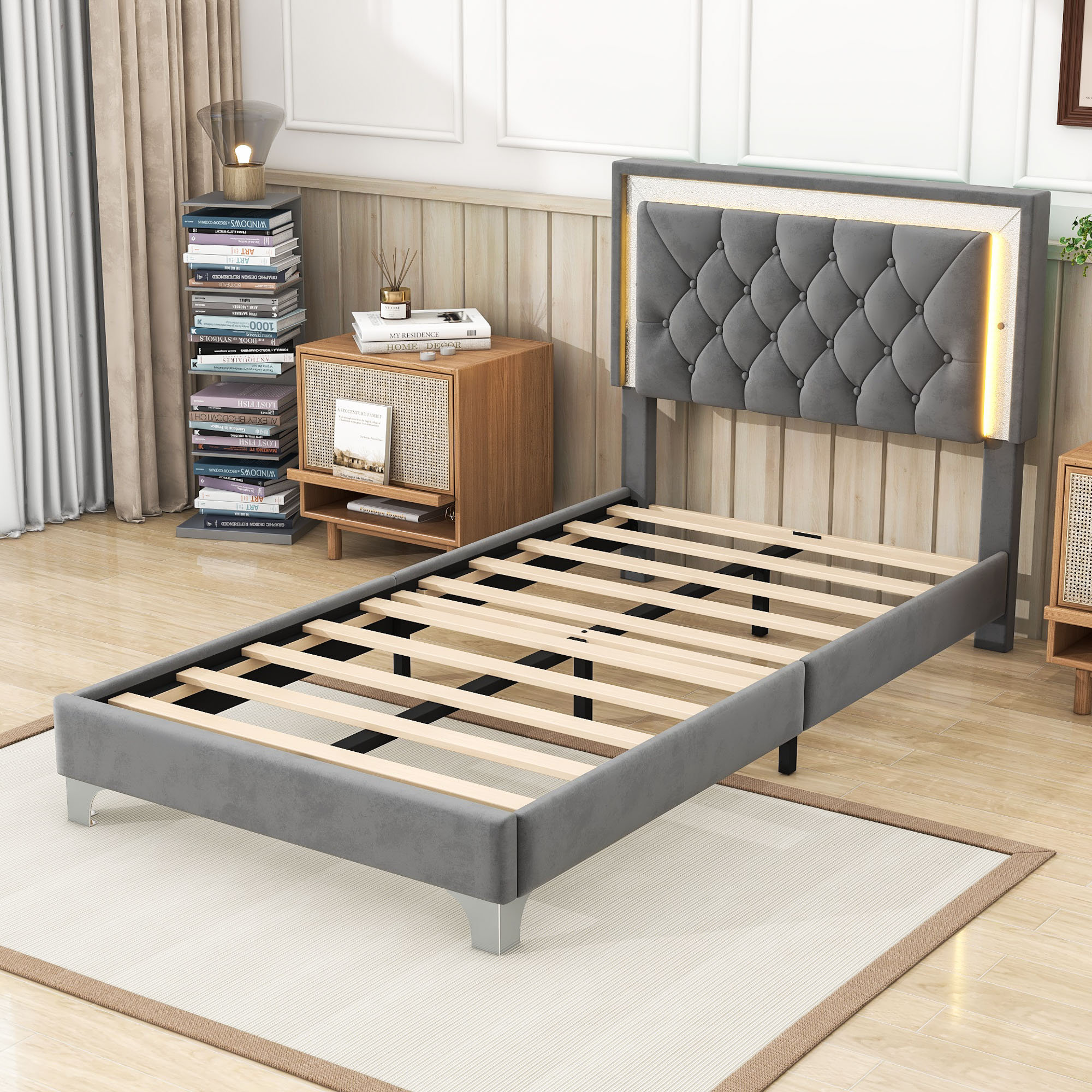 House of Hampton Isshak Twin Size Velvet Upholstered Bed Frame with LED