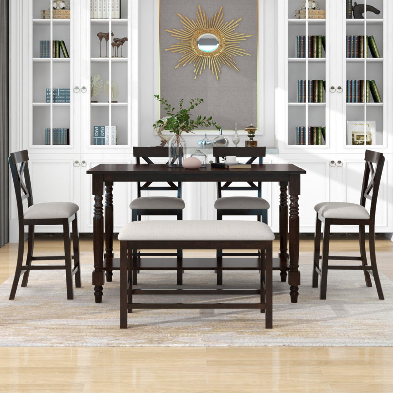 Ensemble de 6 tables de salle à manger à hauteur de comptoir avec 4 chaises et un banc pour la salle à manger