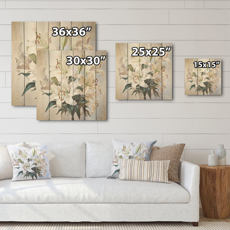 Lily Blossom Ballet - Lilies Wood Wall Art On Natural Pine Wood, 25" H x 25" W