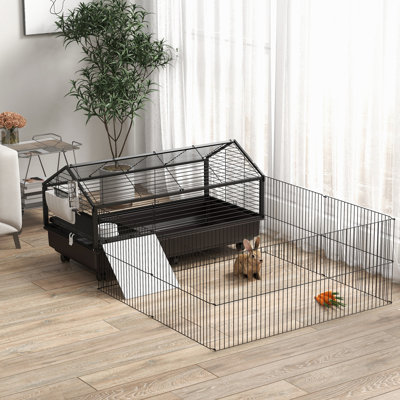 Parc à roulettes - Cage avec aire de jeu pliable et bol de nourriture pour animaux
