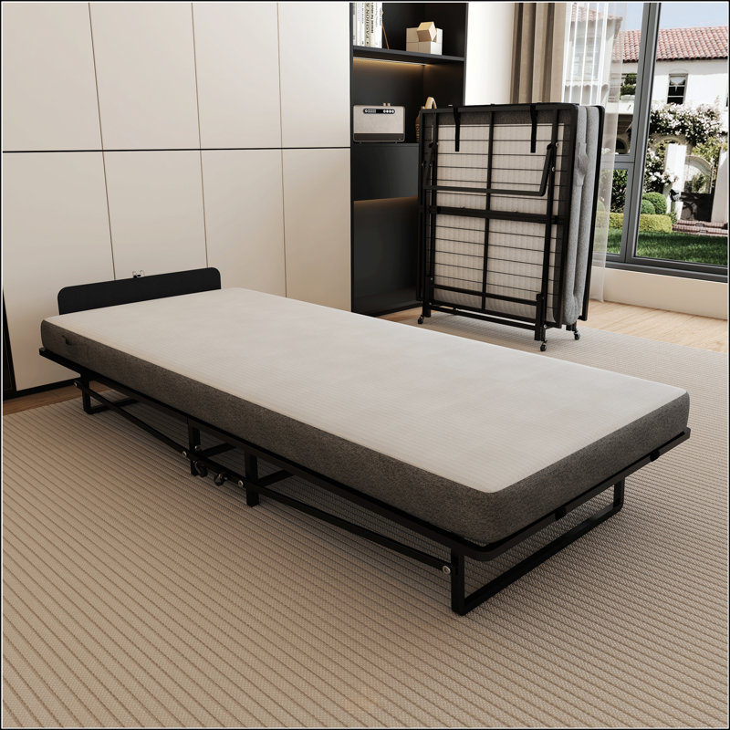 Structure de lit pliante en métal avec matelas en mousse et poches