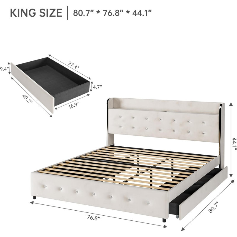 Structure de lit très grand avec tablette de tête de lit, station de charge et 4 tiroirs de rangement