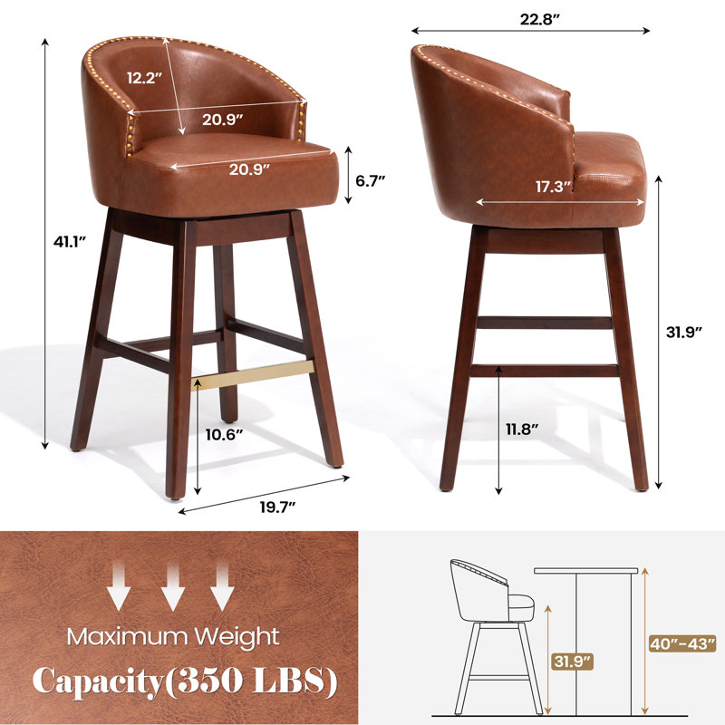 Swivel 31.9'' Faux Leather Bar Stool with Solid Wood Legs, Brown, Reddish Brown, Bar Stool (31.9" Seat Height)
