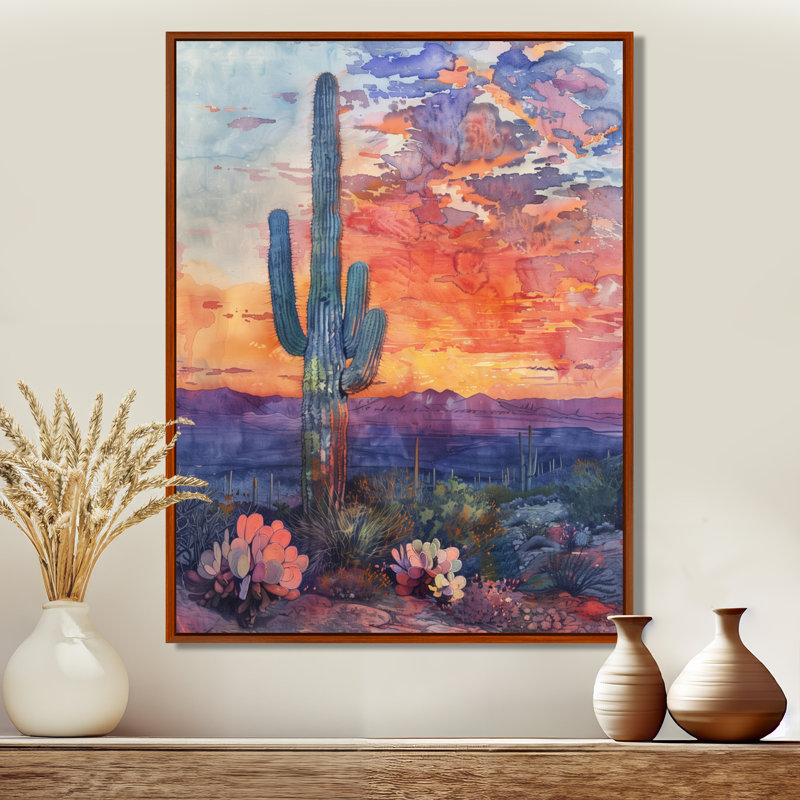 Cactus vert mauve, désert, coucher de soleil II - Cactus, art mural, H 20 po x l 12 po x P 1 po