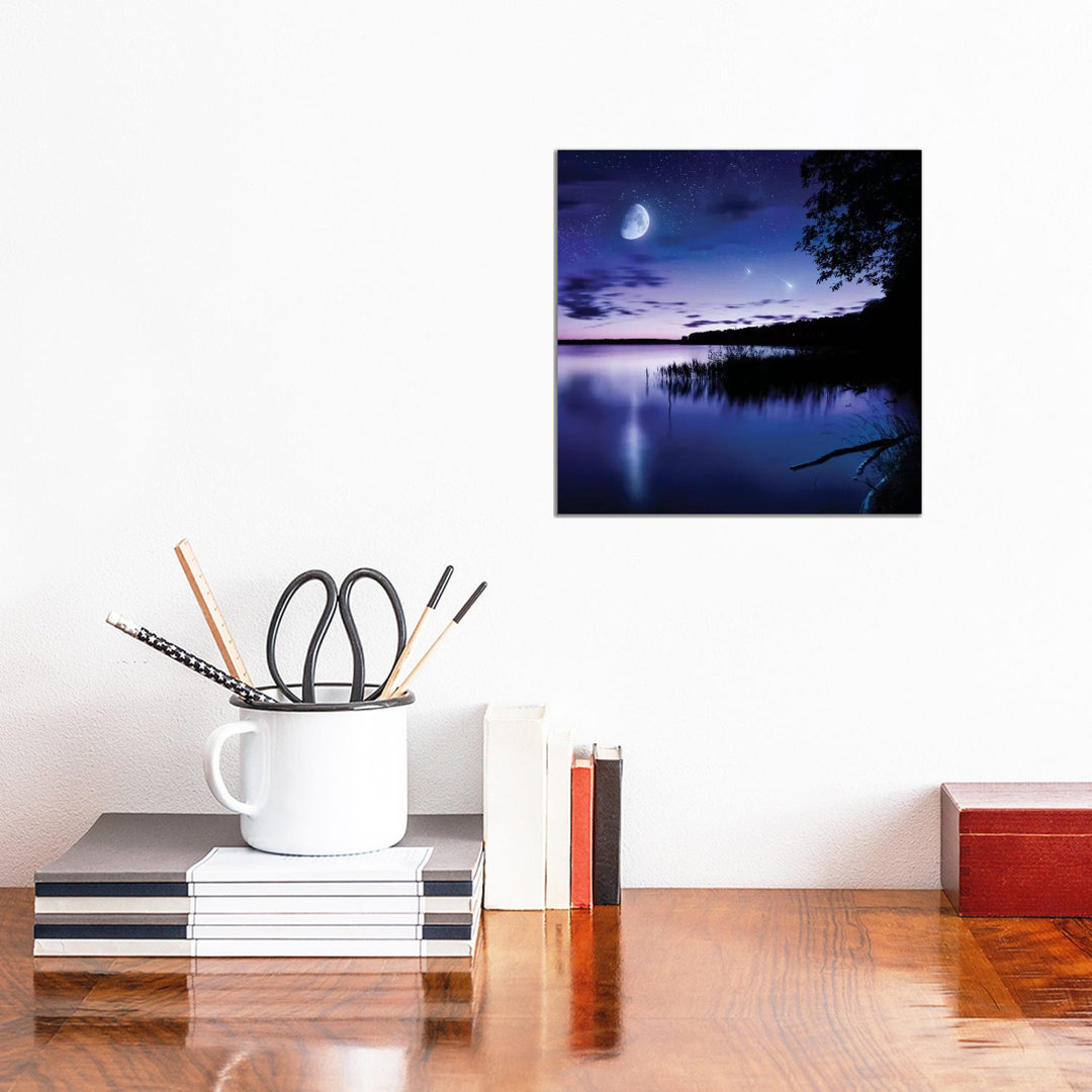 Tranquil Lake Against Starry Sky, Moon And Falling Meteorites, Russia by Evgeny Kuklev - Wrapped Canvas Gallery-Wrapped Canvas Giclée