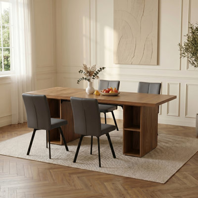 Ensemble de mobilier de salle à manger Mid-Century 4 places, grande table de salle à manger en grain de bois avec compartiments de rangement ouverts