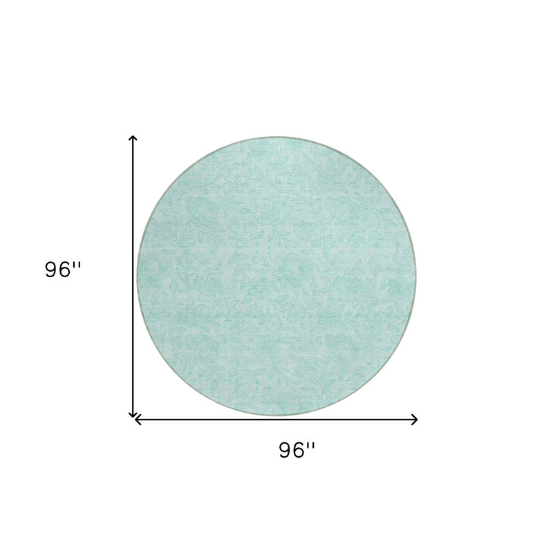 8' Teal Blue And Aqua Round Floral Washable Indoor Outdoor Area Rug