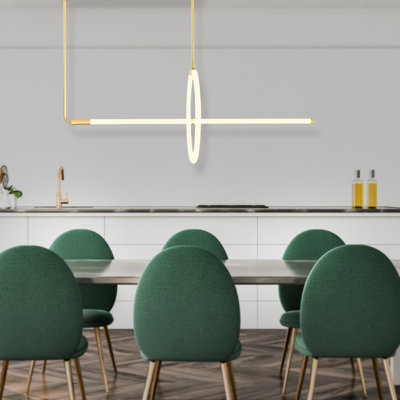 40'' Modern Geometric 2-Light LED Chandelier in Satin Gold – Minimalist Linear and Ring Pendant Light for Dining Room, Foyer, or Kitchen – Integrated LED