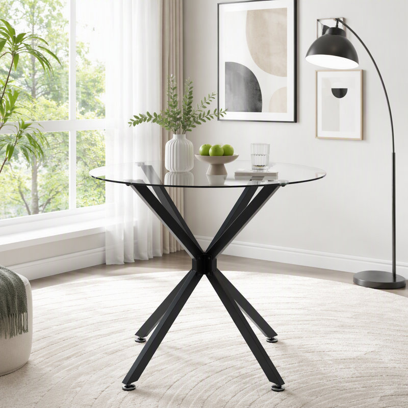 Table de salle à manger ronde en verre trempé de 35,4 pouces