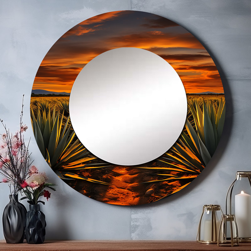Orange teinté mexicain vert Téquila Sunrise - grand miroir mural art mexicain, miroir décoratif rond orange, art imprimé en métal