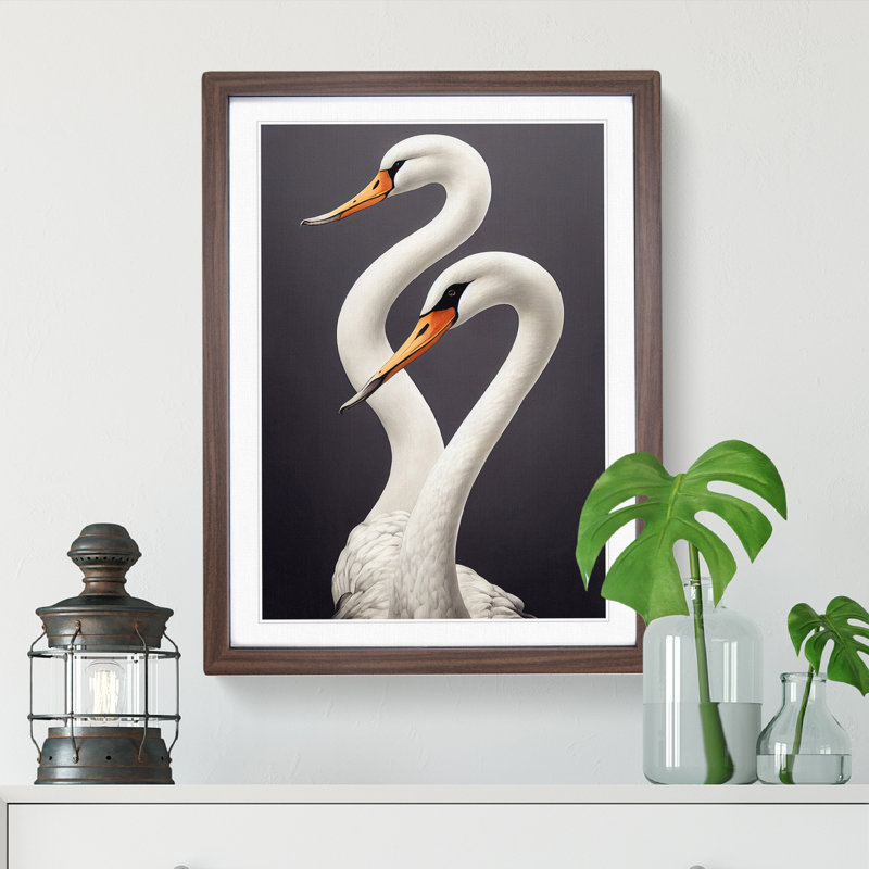 Two Pretty Swans - Wall Art, 36cm H x 27cm W x 3cm D, Walnut Picture Framed, White