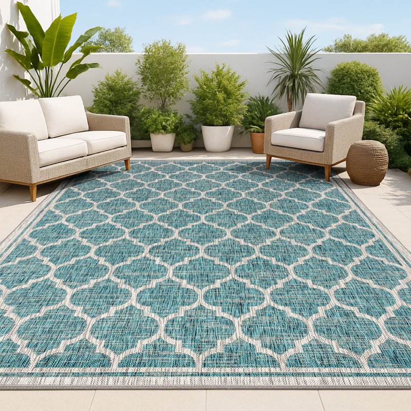 Tapis d'intérieur / extérieur bleu sarcelle / gris Hague, Rectangle 6 pi x 9 pi