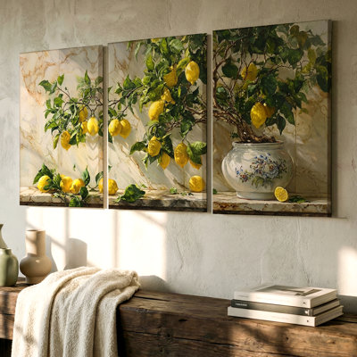Ensemble de 3 magnifiques pièces d'art mural: Nature morte au citron avec vase sur marbre, trois pièces d'art mural pour le salon, la chambre à coucher, le bureau et la maison
