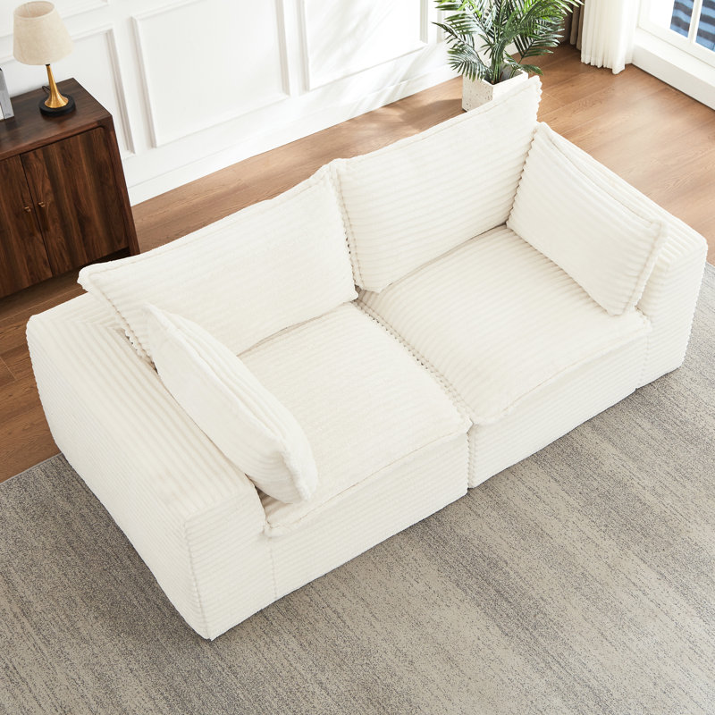 Canapé d'angle infonuagique sans os pour salon, confort moderne, tissu en velours côtelé résistant, blanc, 2 places, aucun assemblage requis, déballez-le, surdimensionné, détente immédiate