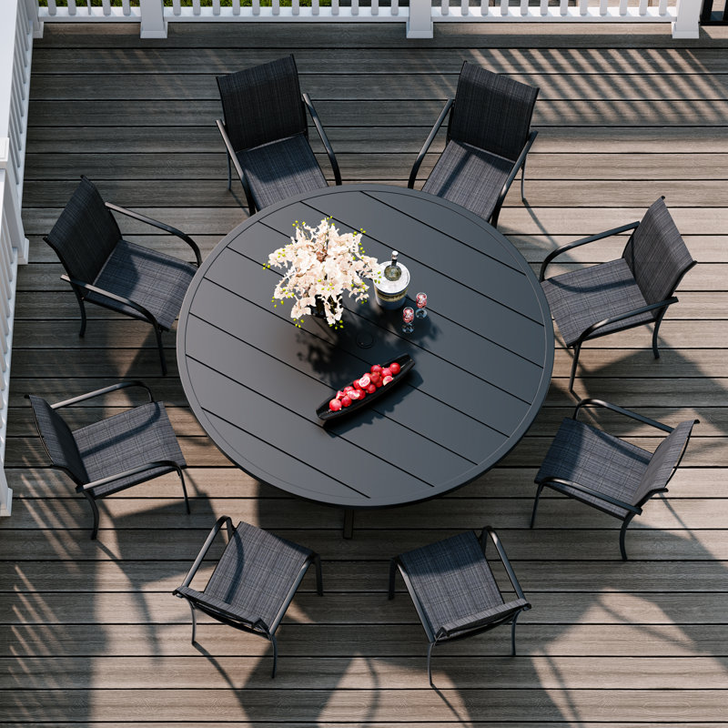 Patio Dining Set with Round Metal Dining Table and 8 Stackable PVC-coated polyester Chairs, Black/Dark Gray
