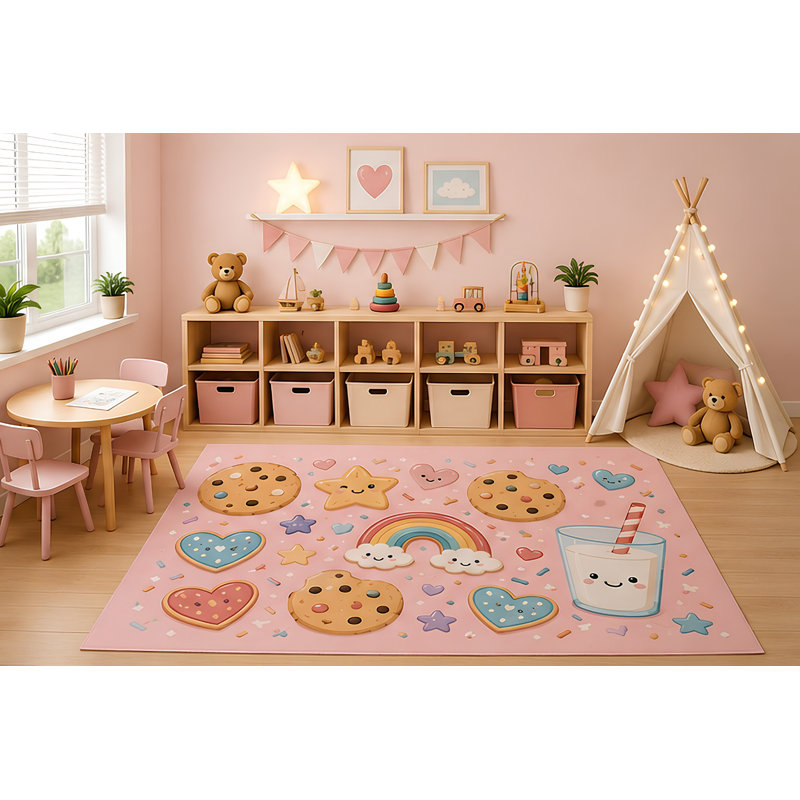 Tapis de lait et de biscuits mignons de 5 pi x 7 pi «Ultra Léger» pour chambre d'enfant, décor de dessin animé pastel arc-en-ciel de biscuits chocolat Kawaii, envers en silicone antidérapant
