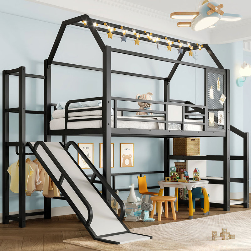 Lit mezzanine en métal avec glissade et escalier, structure silencieuse et tablettes de rangement avec toit de maison de jeu
