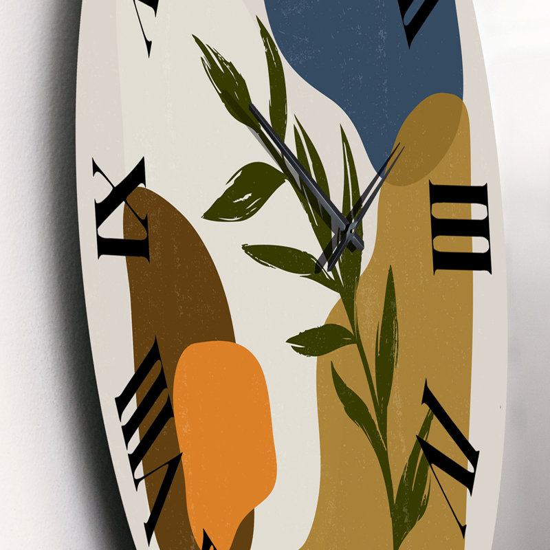 Horloge murale moderne à formes botaniques minimalistes avec feuille verte, Moyen