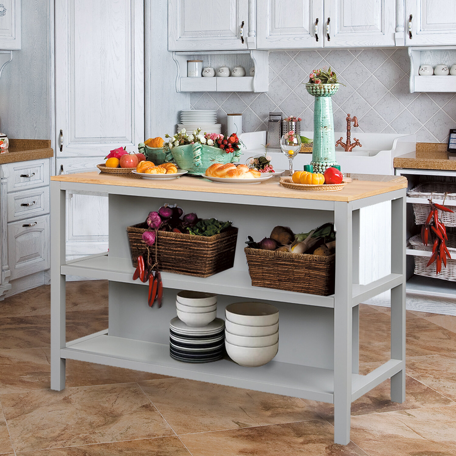 Small Kitchen Island with Storage, Rolling Kitchen Island, Basket, Wine Rack, 3-Tier Rack Winston Porter