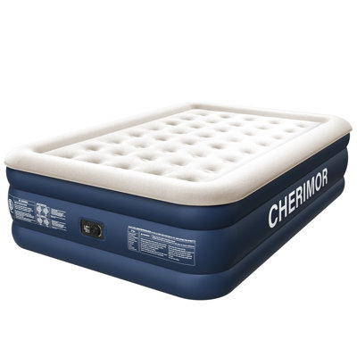 Grand lit de 18 po avec pompe intégrée et capacité de charge de 800 lb - Lit d'invité surélevé de 3 minutes avec support en nid d'abeille - Bleu