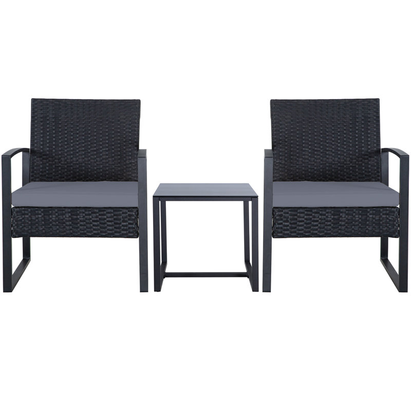 3 Piece Outdoor Patio Convensation Set, All-Weather Rattan Balcony Furniture Set, Gray, Black