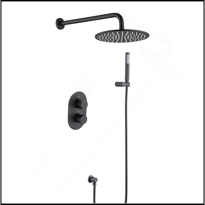 Système de douche thermostatique avec système de douche à effet pluie avec valve brute, douche à main en noir mat