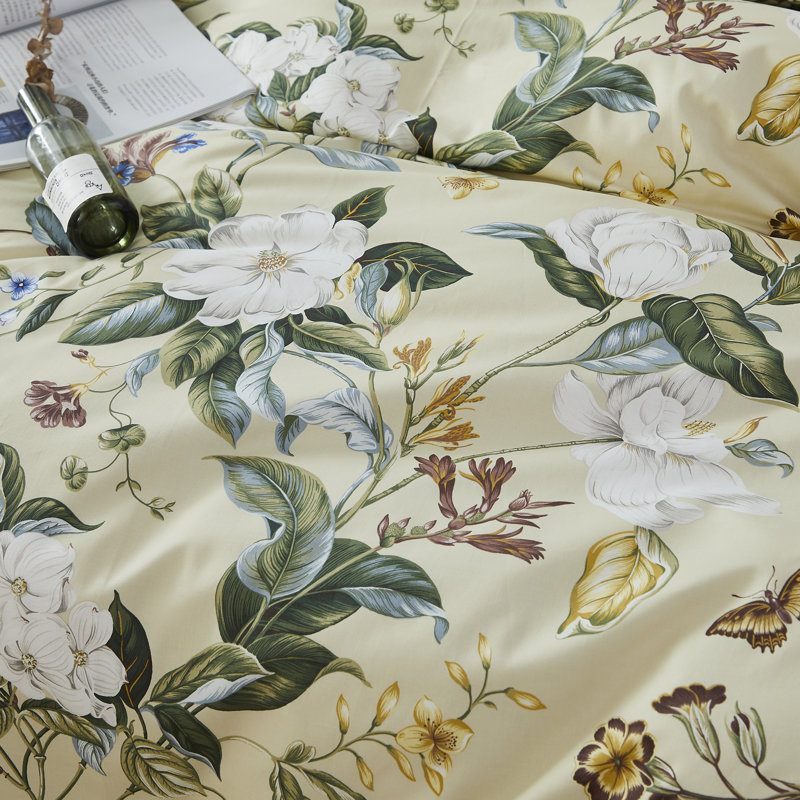  Ensemble de housse de couette 100% coton 800 fils à densité de tissage 800 fils, ensemble de literie à motif floral bohème élégant 3 pièces, housse de couette douce et respirante et agréable pour la peau, motif botanique esthétique pour chambre d'étudiant