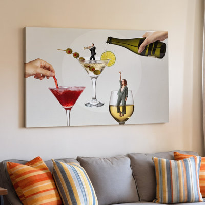 Canvas A Whimsical Collage Featuring A Surreal Scene Of Cocktail Glasses Wall Art And Figures With A Hand Pouring A Vibrant Red Liquid Canvas Wall Art