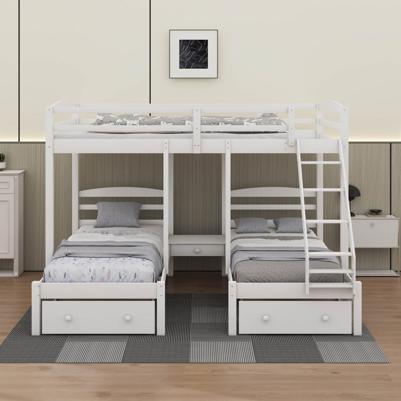 Wooden Triple Bunk Bed With 2 Storage Drawers, Ladder And Guardrails, No Box Spring Needed