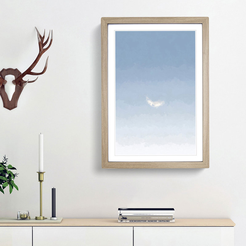 Crescent Moon in a Blue Sky in Abstract - Picture Frame Graphic Art Print on MDF, 65cm H x 48cm W x 2cm D, Oak Framed