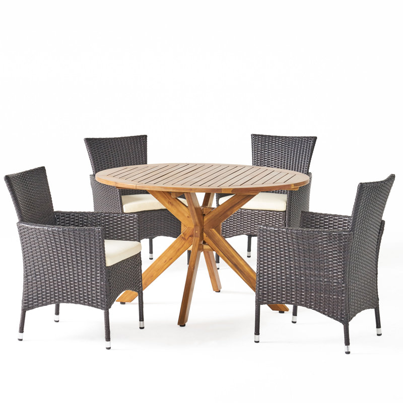 Stennis 4 - Person Acacia Wicker Patio Dining Set with Round Table , Cushions Included, Light Brown